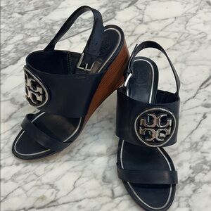 Tory Burch Navy and Brown Wedge Sandals